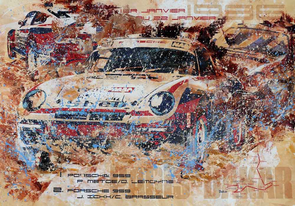 Automotive Art PopArt Kunst Porsche 959 Dakar 1986